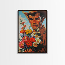 Load image into Gallery viewer, Cowboy with Bouquet of Flowers - Framed Canvas Print, Western Living Room Art, Rustic Bedroom Decor, Americana Art, Wall Art
