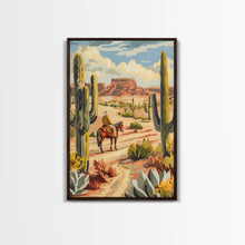 Load image into Gallery viewer, Cowboy Riding in Desert Landscape with Cacti - Framed Canvas Print, Western Art, Southwestern Decor, Desert Scene Wall Art for Home

