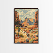 Load image into Gallery viewer, Cowboy in Southwestern Desert Landscape - Framed Canvas Print, Western Wall Art, Desert Scene Art, Cactus Decor for Living Room
