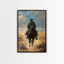 Load image into Gallery viewer, Lone Cowboy Riding into Sunset - Framed Canvas Print, Western Art, Living Room Decor, Cowboy Art for Bedroom, Rustic Wall Art
