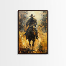Load image into Gallery viewer, Cowboy Riding Horse into the Distance - Framed Canvas Print, Western Art, Rustic Decor, Living Room Wall Art, Cowboy Themed Art
