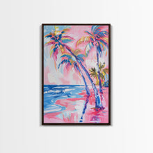 Load image into Gallery viewer, Vibrant Palm Trees and Ocean Waves in Abstract Style - Framed Canvas Print, Coastal Wall Art, Tropical Beach Decor for Living Room
