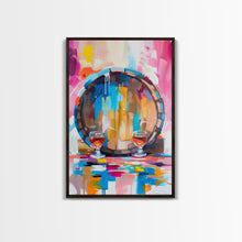 Carregar imagem no visualizador da galeria, Abstract Wine Barrel with Glasses - Framed Canvas Print, Modern Wine Art, Bar Decor, Wine Lover&#39;s Gift
