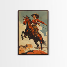 Load image into Gallery viewer, Elegant Cowgirl Commanding Horse | Framed Canvas Print | Western Wall Art | Living Room Decor | Rustic Home Decor
