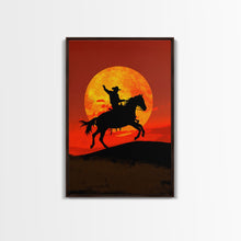 Load image into Gallery viewer, Cowboy Silhouette on Horseback at Sunset | Framed Canvas Print | Western Landscape Art | Rustic Cowboy Wall Art for Living Room
