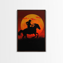 Carregar imagem no visualizador da galeria, Action Cowboy Silhouette on Horse at Sunset | Framed Canvas Print | Western Wall Art | Dramatic Cowboy Wall Art for Home Decor
