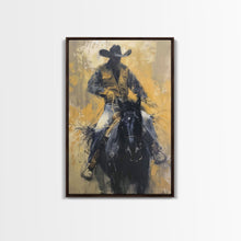 Load image into Gallery viewer, Cowboy in Full Gear Riding Horse - Framed Canvas Print, Western Wall Art, Rustic Decor, Living Room and Bedroom Art Print
