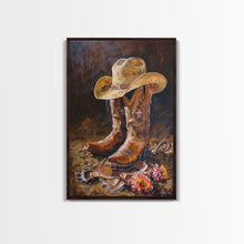 Cargar imagen en el visor de la galería, Classic Cowboy Hat and Boots Art - Framed Canvas Print, Rustic Bedroom Decor, Cowboy Themed Wall Art for Home, Western Artwork
