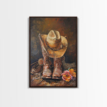 Load image into Gallery viewer, Cowboy Boots and Hat with Flowers Art - Framed Canvas Print, Rustic Wall Decor, Western Bedroom Art, Cowboy Home Decoration
