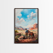 Load image into Gallery viewer, Cowboy and Horse Desert Scene Art - Framed Canvas Print, Western Living Room Decor, Cowboy Wall Art, Desert Home Decoration

