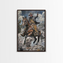 Load image into Gallery viewer, Framed Canvas Print, Cowboy Riding Horse with Gun Wall Art, Western Style Artwork for Living Room or Bedroom Decor, Dynamic Home Art Piece

