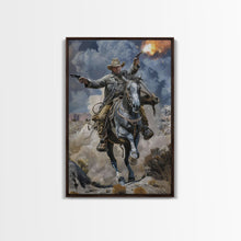 Load image into Gallery viewer, Framed Canvas Print, Dynamic Cowboy Shooting Pistols Wall Art, Western Decor for Living Room or Bedroom, Exciting Wall Art, Home Decoration
