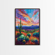 Load image into Gallery viewer, Framed Canvas Print, Cacti and Mountains at Sunset Wall Art, Vibrant Southwest Decor for Living Room or Bedroom, Nature Art Decoration Piece
