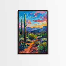 Load image into Gallery viewer, Framed Canvas Print, Cactus and Desert Path Wall Art, Vibrant Southwest Landscape for Living Room or Bedroom, Nature Art Poster Piece
