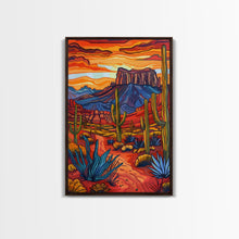 Load image into Gallery viewer, Framed Canvas Print, Bold Desert Landscape with Saguaro Cacti and Mountains, Unique Wall Art for Living Room or Bedroom
