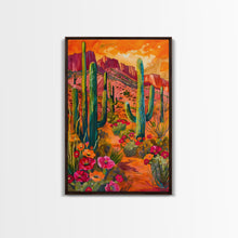 Load image into Gallery viewer, Framed Canvas Print, Vibrant Desert Scene with Saguaro Cacti and Flowers, Unique Wall Art for Living Room or Bedroom
