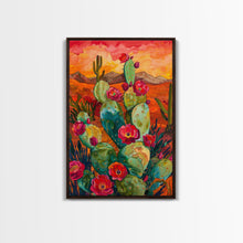 Load image into Gallery viewer, Framed Canvas Print, Blooming Cacti in Desert Sunset, Stunning Wall Art for Living Room or Bedroom Decor
