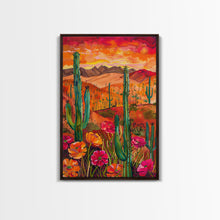 Carregar imagem no visualizador da galeria, Framed Canvas Print, Vibrant Desert Landscape with Flowers and Cacti, Perfect Wall Art for Living Room or Bedroom Decor
