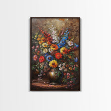 Load image into Gallery viewer, Bold Flower Bouquet Art on Dark Background - Framed Canvas Print, Vibrant Floral Wall Art for Living Room, Modern Artwork, Flower Decor
