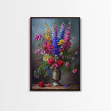 Load image into Gallery viewer, Dramatic Floral Vase Art on Rich Background - Framed Canvas Print, Bold Flower Decor for Living Room, Botanical Artwork, Floral Wall Art
