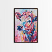 Carregar imagem no visualizador da galeria, Floral Crowned Cow Portrait - Whimsical Farmhouse Wall Art, Vibrant Animal Painting, Bedroom Decor, Cute Cow Canvas Print
