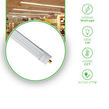 Cargar imagen en el visor de la galería, T8 8FT LED Tube Light 40W 5000K, 5000 Lumens, single and double end power,120-277 v, ETL Certified
