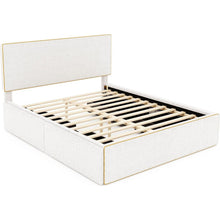 Load image into Gallery viewer, Full Size Upholstered Platform Bed with 4 Drawers and Golden Edge on the Headboard &amp; Footboard, White
