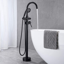 Cargar imagen en el visor de la galería, Freestanding Tub Filler Bathtub Faucet Matte Black with Hand Held Shower Floor-Mount
