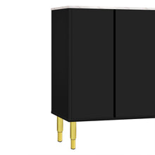 Carregar imagem no visualizador da galeria, Modern Sideboard MDF Buffet Cabinet Marble Sticker Tabletop and Amber-yellow Tempered Glass Doors with Gold Metal Legs &amp; Handles (Black)
