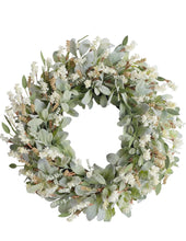 Load image into Gallery viewer, 24 Inch Summer Spring Ivory Flowers Wreath for Front Door, Everyday Lamb Ears Leaves Wreath with White Artificial Flower for Indoor and Outdoor, Rusti
