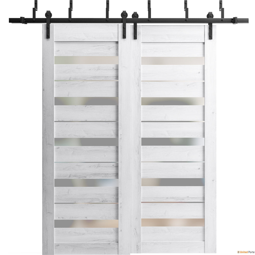 Quadro 4445 Nordic White Double Barn Door with Frosted Glass and Black Bypass Rail