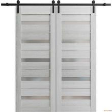 Load image into Gallery viewer, Quadro 4445 Light Grey Oak Double Barn Door with Frosted Glass and Black Rail
