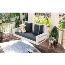 Cargar imagen en el visor de la galería, 2-Person Wicker Hanging Porch Swing with Chains, Cushion, Pillow, Rattan Swing Bench for Garden, Backyard, Pond. (White Wicker, Gray Cushion)
