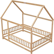Load image into Gallery viewer, Full Size Floor Wooden Bed with House Roof Frame, Fence Guardrails, Natural
