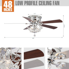 Cargar imagen en el visor de la galería, 48&quot; Aitutaki Modern Chrome Flush Mount Reversible Crystal Ceiling Fan with Lighting and Remote Control
