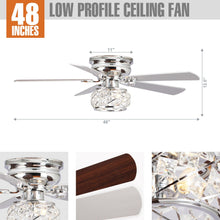 Cargar imagen en el visor de la galería, 48&quot; Modern Chrome Flush Mount Reversible Crystal Ceiling Fan with Lighting and Remote Control
