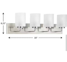 Load image into Gallery viewer, Progress Lighting Merry Collection 30 in. 4-Light Brushed Nickel Etched Glass Transitional Bathroom Vanity Light
