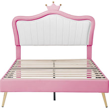 Cargar imagen en el visor de la galería, Full Size Upholstered Bed Frame with LED Lights,Modern Upholstered Princess Bed With Crown Headboard,White+Pink

