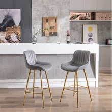Cargar imagen en el visor de la galería, 26 Inch Set of 2 Bar Stools, with Chrome Footrest Velvet Fabric Counter Stool Golden Leg Simple Bar Stool, GRAY
