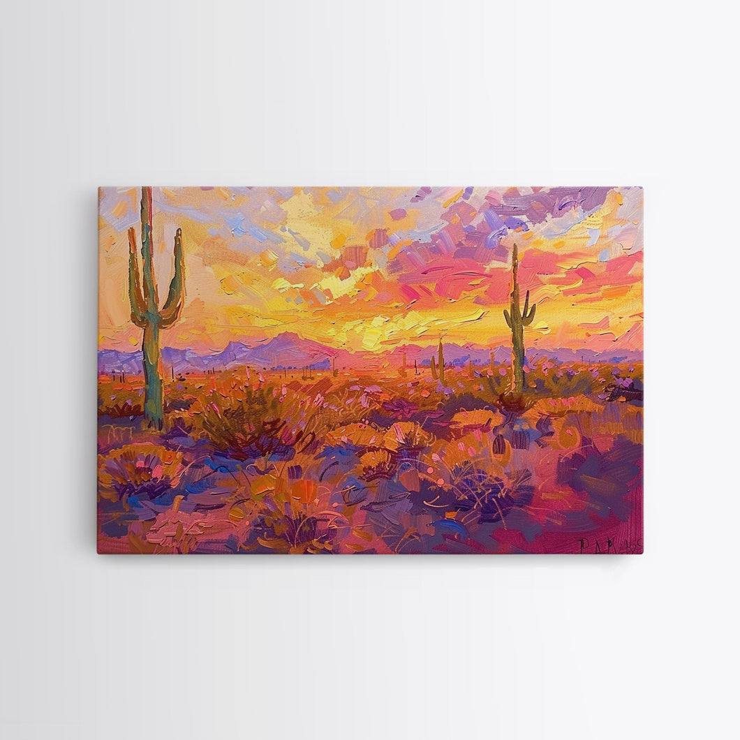 Desert Cactus Sunset Painting Framed Canvas Print, Western Decor, Southwest Wall Art, Arizona Painting, Landscape Painting, Farmhouse Decor