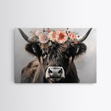 Load image into Gallery viewer, Framed Canvas Wall Art, Cute Cow Wearing Flowers, Farmhouse Decor, Farmhouse Wall At, Extra Large Boho Decor, Modern Art, Minimalist Rustic
