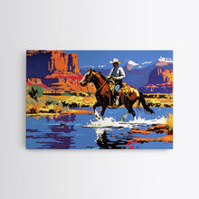 Load image into Gallery viewer, Crossing The Colorado River, Framed Canvas Print, Kitsch Western Wall Art, Colorful Western Painting Original Artwork, Pop Art Painting

