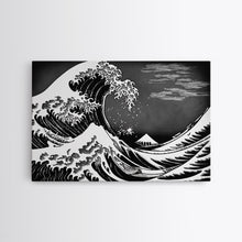 Carregar imagem no visualizador da galeria, Black and White Wave Canvas Print, Hokusai Inspired Wall Art, Woodblock Print Style, Wall Art, Vintage Style Wall Art
