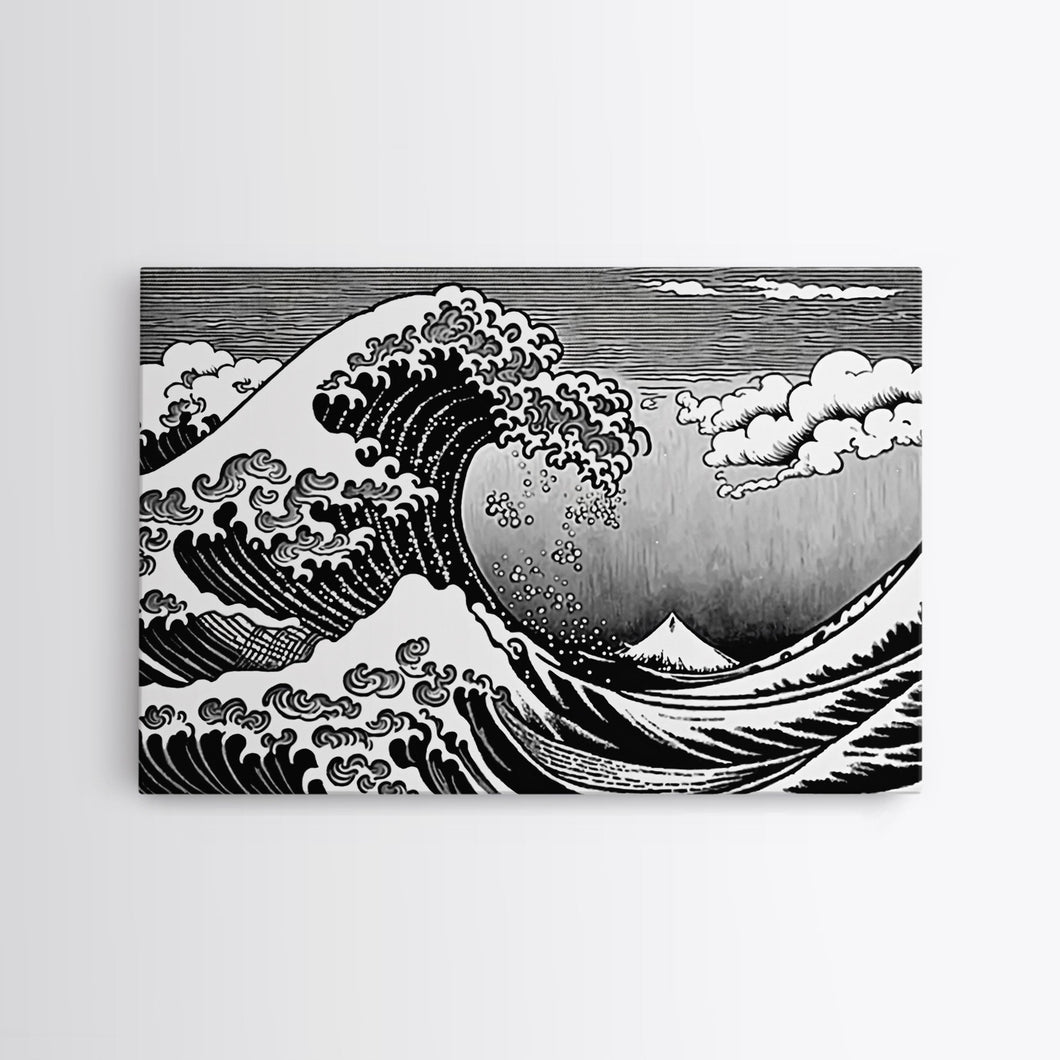Black and White Wave Canvas Print, Hokusai Inspired Wall Art, Japanese Style Wall Art, Living Room Home Decor, Unique Wall Art