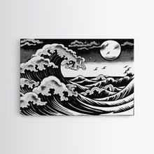 Carregar imagem no visualizador da galeria, Black and White Wave Canvas Print, Hokusai Inspired Wall Art, Woodblock Print Style, Wall Art, Vintage Style Wall Art
