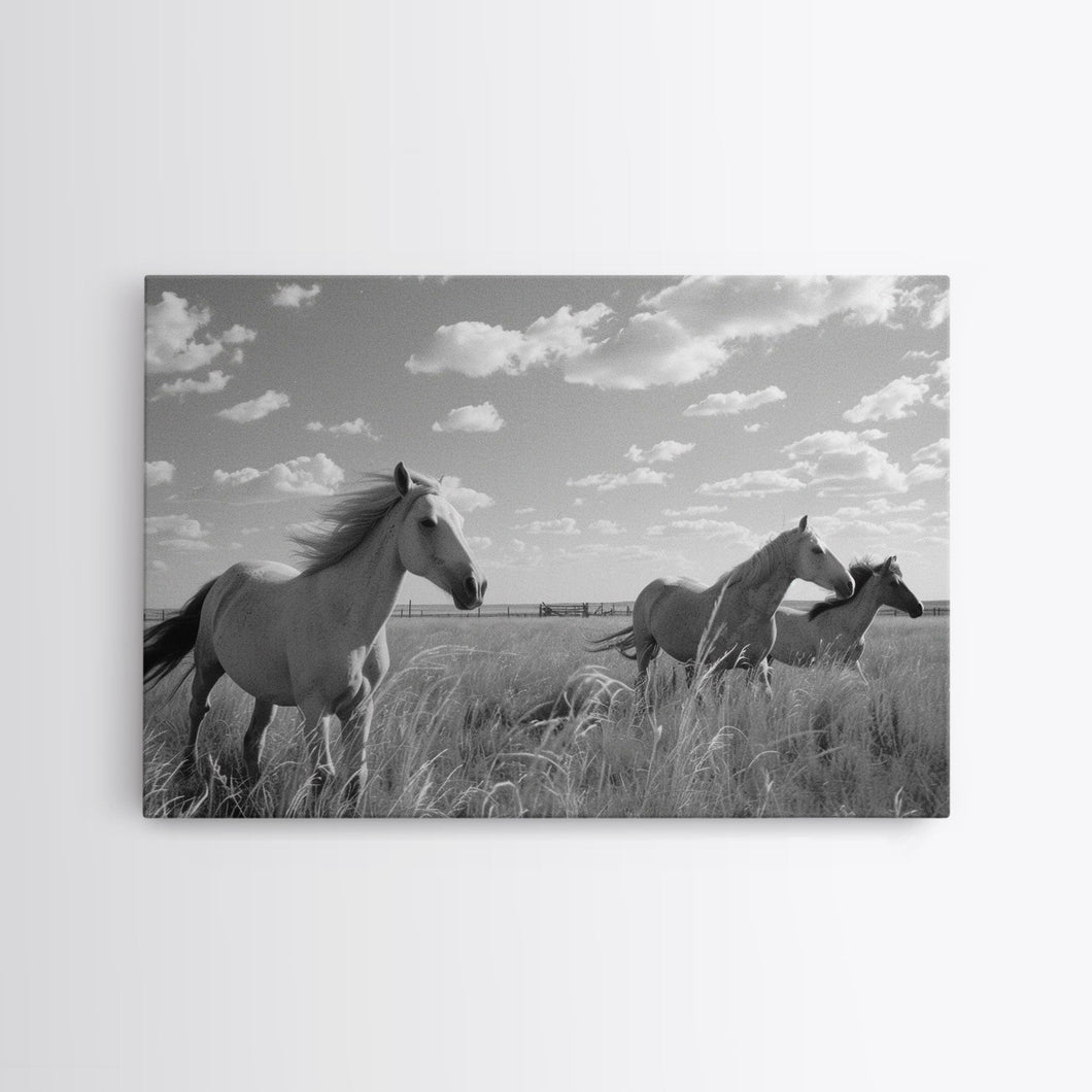 Fine Art Framed Canvas Print, Metal Art, Black & White Photo of Wild Mustangs, Horse Art, American Horses Landscape / Nature / Wildlife Art