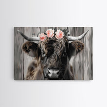 Load image into Gallery viewer, Framed Canvas Wall Art, Cute Highland Cow Print, Modern Wall Art Farmhouse Decor, Fun Rustic Farmhouse Art, Life On The Farm, Cow and Flower

