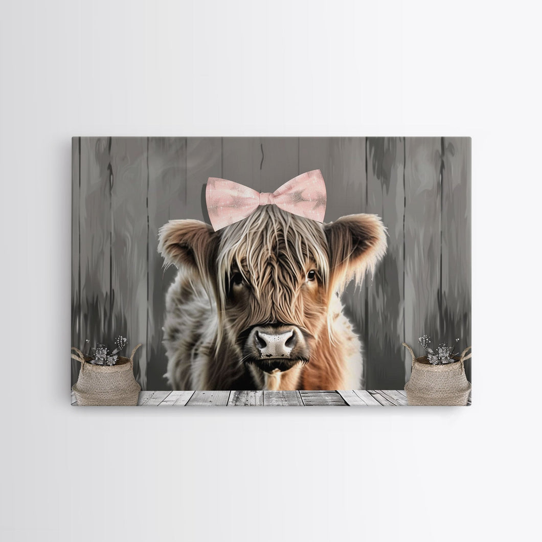 Framed Wall Art Texas Cattle, Wood Framed Canvas Print, Farmhouse Decor, Minimalist Rustic Farmhouse Painting, Cute Nursery Wall Art