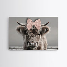 Carregar imagem no visualizador da galeria, Framed Canvas Print, Cute Highland Cow Wearing A Pink Bowtie, Framed Wall Decor, Rustic Minimalist Farmhouse Decor, Western Art
