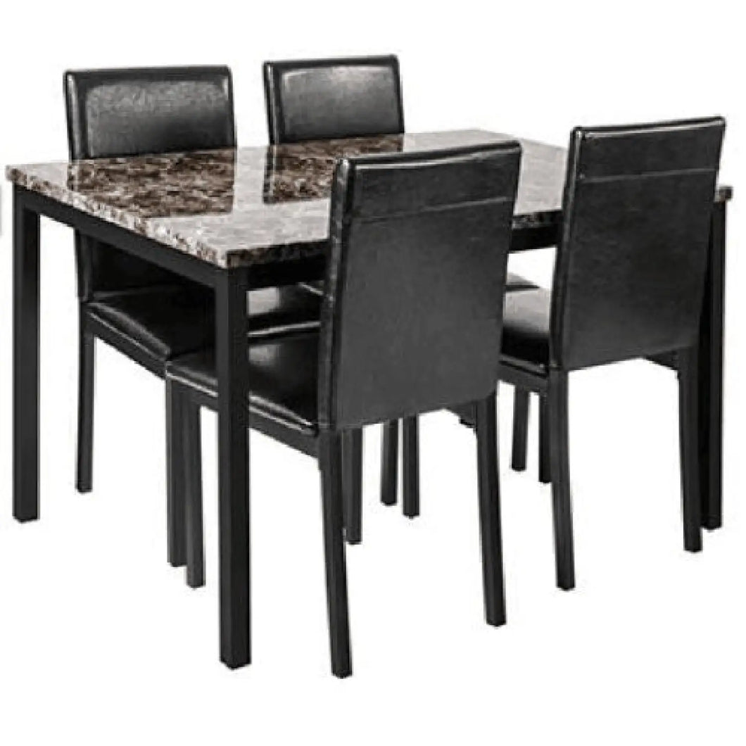 5-Piece Black Dining Table Set with Marble Style Top